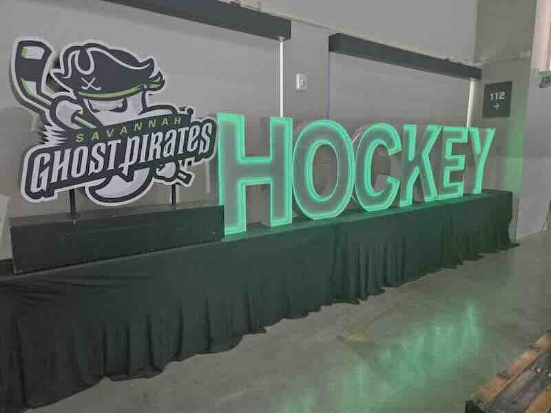 Savannah Ghost Pirates Hockey sign at arena entrance.