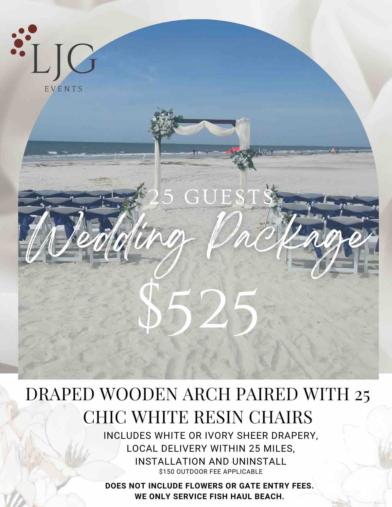 Beach wedding setup with draped arch and chairs
