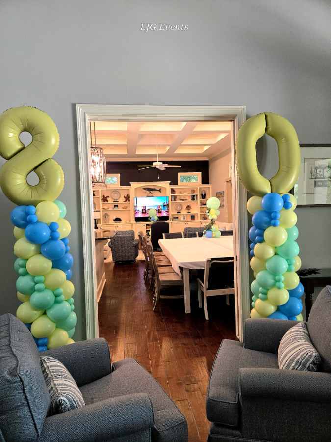 Room decorated with number-shaped balloon columns.